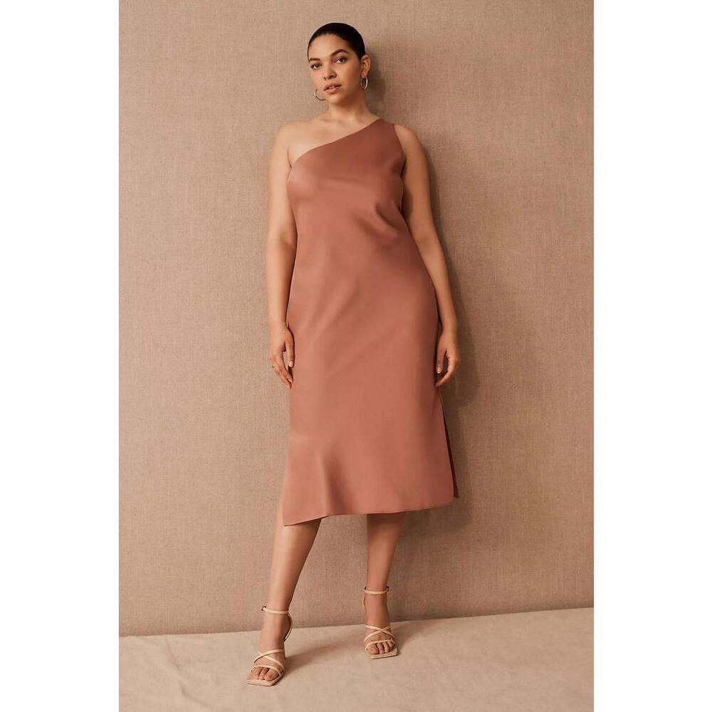 BHLDN One-Shoulder Satin Midi Dress in Mauve-Tan